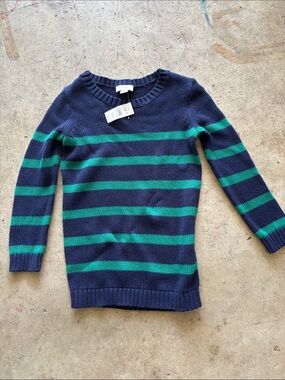 LOFT Navy and Green Striped Crewneck Sweater